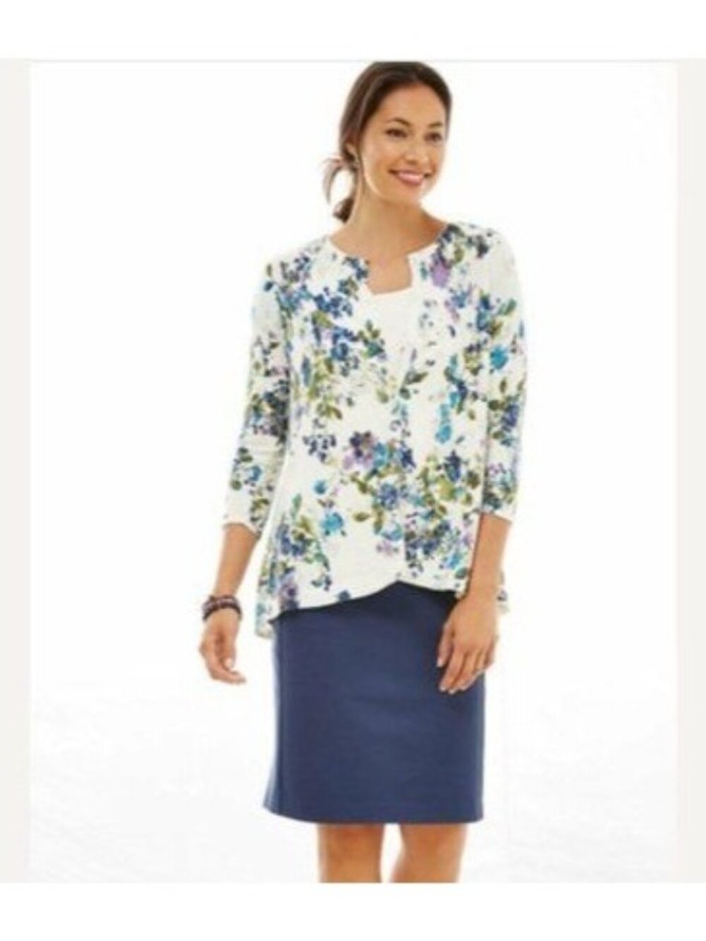 J Jill Cardigan Sweater Size Small Pleated Back Floral Button Front White Blue